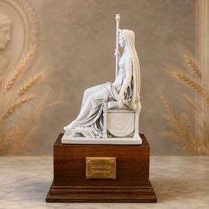 Posąg Demeter – biała figurka greckiej bogini z żywicy, podstawa drewniana