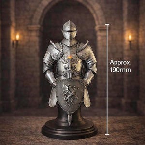 Estatua de resina con armadura de caballero medieval / Busto coleccionable con escudo de dragón / Decoración de museo de escritorio