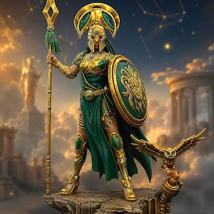 May include: A warrior figurine wearing gold and green armor, a crested helmet, and a breastplate. The figure holds a tall gold spear and a round green shield with a gold emblem. An owl with spread wings stands on a stone base beside the figure.