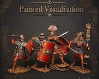 May include: Four hand-painted Roman soldier figurines standing on textured bases. Each figure wears metallic armor, a red tunic, and carries a red shield. One figure wears a bear-skin headdress and holds a tall standard. Text reads: Painted Visualisation.