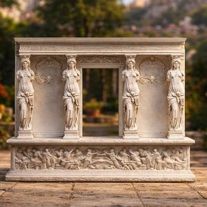 May include: A rectangular, off-white architectural structure with four sculpted female figures. The structure features a central opening and a detailed relief carving along the base. The background is blurred, suggesting an outdoor setting.