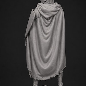May include: A gray scale figurine of a knight wearing a flat-topped helmet, chainmail armor, and a hooded cloak with a frayed hem. The knight carries a shield on the left side and stands on a textured, rocky base against a dark background.