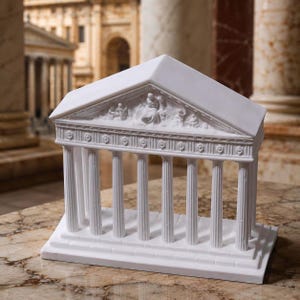 Pode incluir: Uma réplica em miniatura branca de um templo grego clássico. O modelo arquitetônico apresenta colunas caneladas, um friso detalhado com figuras esculpidas e um frontão triangular. A base é retangular e o design geral é simétrico.