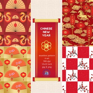 May include: A collection of four seamless patterns with a Chinese New Year theme. The patterns feature dragons, fans, lanterns, and floral designs in red, gold, and white. The image also includes a red scroll with the text "CHINESE NEW YEAR".