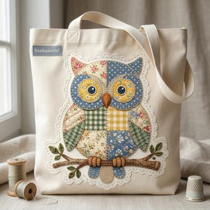 Può includere: Borsa tote color crema con un design a gufo patchwork. Il gufo presenta sezioni blu, gialle, verdi e floreali, con un ramo marrone e bordi in pizzo. La borsa ha lunghi manici color crema e il testo "bluebasketful".