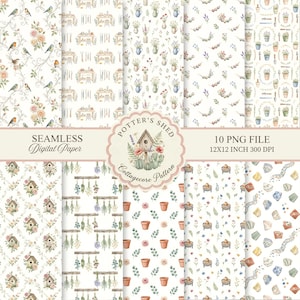 May include: A collection of ten seamless digital paper designs with a cottagecore theme. Patterns include floral arrangements, birdhouses, gardening tools, and botanical elements. The image includes the text "Potter's Shed" and "Cottagecore Pattern". Each file is 12x12 inches.