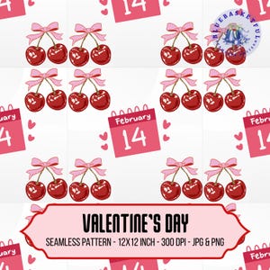 Könnte beinhalten: Ein nahtloses Valentinstag-Muster mit roten Kirschen mit rosa Schleifen, rosa Herzen und rosa Kalendern mit dem Datum 14. Februar. Der Text "VALENTINE'S DAY" wird auf einem rosa Banner angezeigt.