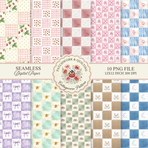 Könnte beinhalten: Eine Sammlung von zehn nahtlosen digitalen Papierdesigns im Cottagecore-Stil. Die Muster umfassen Erdbeeren, Vichy-Karo, Blumenquadrate, Schleifen, Bienen, Hasen und Monde. Jedes Design ist 30,48 x 30,48 cm bei 300 DPI.