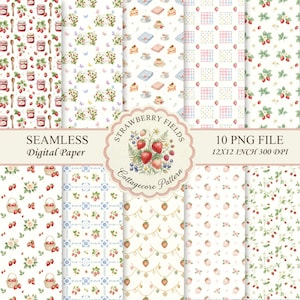 Op de afbeelding: Een collectie van tien naadloze digitale papiermotieven met aardbeien, potten, manden, theeserviezen en ruitpatronen. Het centrale label vermeldt STRAWBERRY FIELDS Cottagecore Pattern 10 PNG FILE 12X12 INCH 300 DPI.