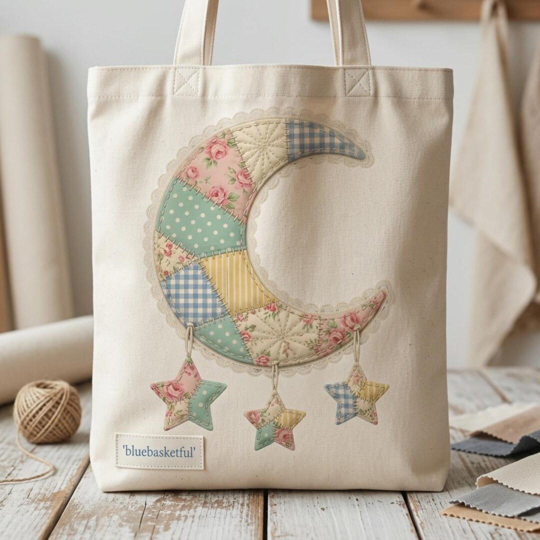 Patchwork Moon Patchwork Moon Stars PNG, Quilted Celestial Sublimation Design (digital ...