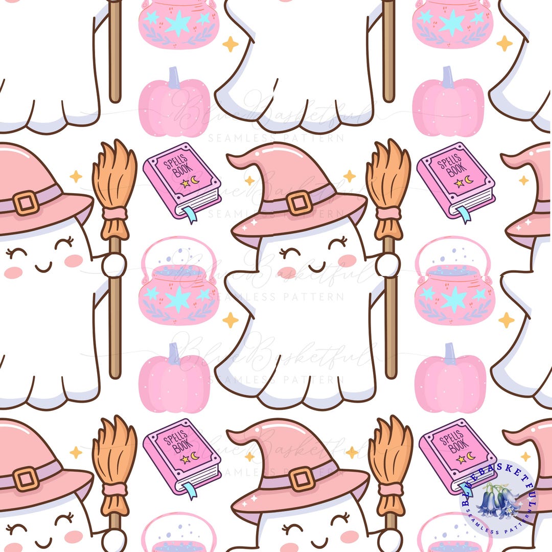 Cute Pink Halloween Witch Ghost Set - Seamless Pattern - Digital ...