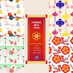 Può includere: Quattro motivi senza cuciture a tema Capodanno cinese, con disegni floreali, lanterne e motivi tradizionali in rosso, giallo, blu e rosa. Una pergamena centrale recita "Capodanno cinese".