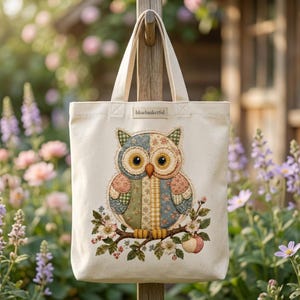 May include: A cream-colored canvas tote bag featuring a central patchwork-style owl illustration composed of various floral and gingham fabric patterns. The owl sits on a branch with small flowers and an apple. A label reads bluebasketful.