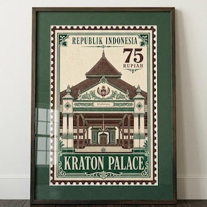 Könnte beinhalten: Ein gerahmter Kunstdruck mit einem Briefmarkendesign des Kraton-Palastes in Indonesien. Das Kunstwerk zeigt den Text REPUBLIK INDONESIA, 75 RUPIAH und KRATON PALACE in einer Farbpalette aus Grün, Braun und Creme mit verzierten Details.