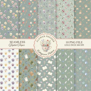 May include: A collection of ten seamless digital paper designs with a cottagecore theme. The patterns feature watercolor illustrations of flowers, magnifying glasses, books, and other botanical elements in soft pastel colors. The text reads "Flower Presser Cottagecore Pattern".