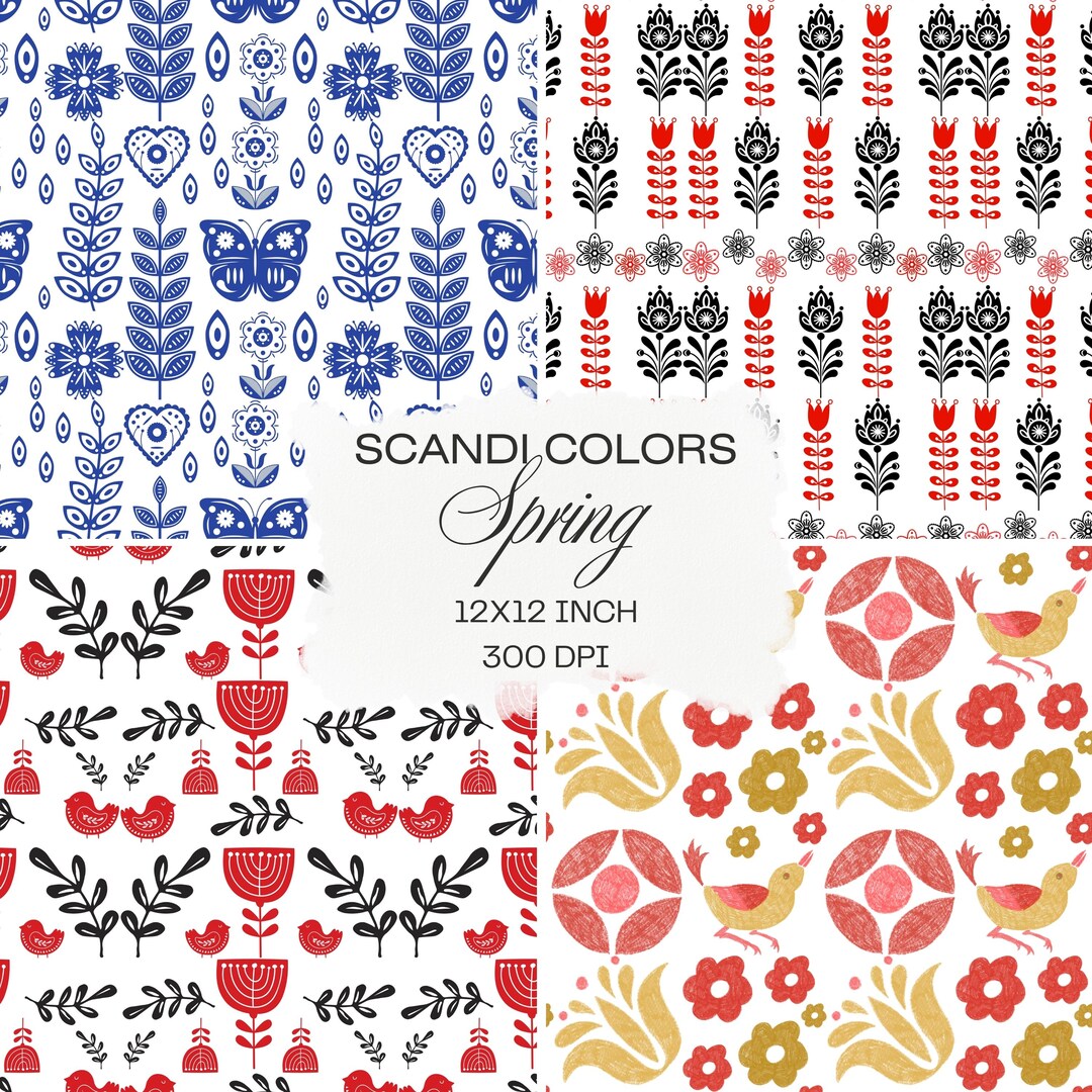 Scandi Folk Art Seamless Patterns, Spring Birds Butterflies (digital ...