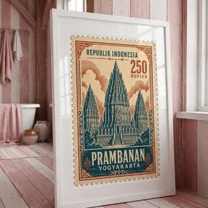 Prambanan Indonesia Stamp Graphic, Yogyakarta Temple Heritage Art (Digital Download)