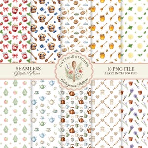 May include: A collection of ten seamless digital paper designs with a cottage kitchen theme. Patterns include strawberries, muffins, bread, honey, lemons, tea sets, teapots, and baking tools. The image includes the text "Seamless Digital Paper" and "Cottage Kitchen Pattern".