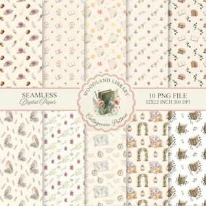 Puede incluir: Una colección de diez diseños de papel digital sin costuras con temática cottagecore. Los patrones incluyen motivos florales, de libros, de búhos y de mapas. La imagen incluye el texto "Woodland Library" y "12x12 inch 300 DPI".