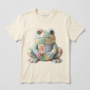 May include: Cream-colored t-shirt featuring a patchwork frog design. The frog has a variety of patterned fabrics in pastel colors, including floral and gingham prints. The frog's eyes are large, brown buttons. The text "bluebasketful" is printed on the shirt.