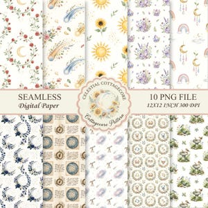 May include: A collection of ten seamless digital paper patterns featuring celestial and nature motifs including moons, sunflowers, crystals, rainbows, zodiac symbols, telescopes, and birds, presented as 12x12 inch 300 DPI PNG files.