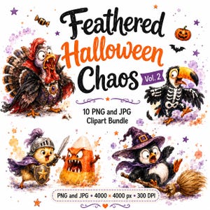Könnte beinhalten: Ein digitales Clipart-Paket mit dem Titel Feathered Halloween Chaos Vol. 2, das Aquarellillustrationen eines Truthahns im Vampirumhang, eines Tukan-Skeletts, eines Küken-Ritters, eines Candy-Corn-Monsters und einer Pinguin-Hexe enthält.