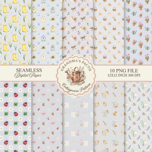 Grandma’s Patch Garden Seamless Pattern Bundle, Watercolor Cottagecore Wallpaper, Shabby Chic Rain Boot Fabric Print PNG