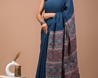 Handmade Cotton Mulmul Saree | Traditional Border Print, Lightweight