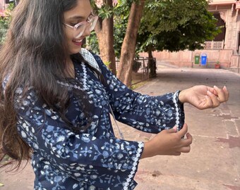 Indigo Floral Cotton Kurti | Hand Block Print Indian Top