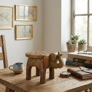 May include: A decorative wooden elephant stool with a round top and three legs. The stool is brown and gold with intricate carvings. A small blue and tan mug sits on a wooden table.
