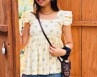 Hand Block Print Schößchen Kurti | Geblümter Baumwoll Sommer Top
