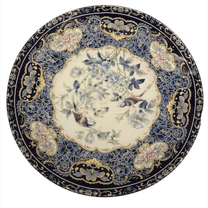 Vintage Moroccan Porcelain Decorative Plate | Blue & Gold Floral Bird Design | Large Ceramic Wall or Table Décor | Hand-Painted Look