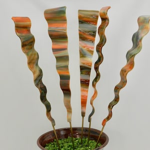 May include: Five wavy glass stems in shades of orange, green, and brown are arranged in a terracotta pot with green moss.