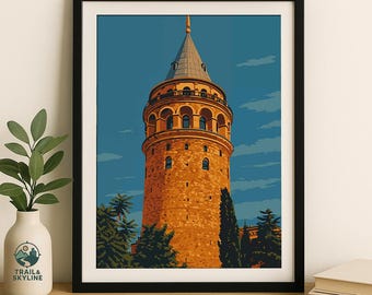 Op de afbeelding: Ingelijste kunstdruk met een gestileerde illustratie van de Galatatoren in Istanbul. Het kunstwerk toont de toren in oranje- en bruintinten tegen een blauwe lucht, met groene bomen aan de basis. De lijst is zwart.
