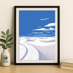 Plakat White Sands National Park – Minimalistyczny wydruk krajobrazu pustyni USA, sztuka ścienna do podróży w Nowym Meksyku – prezent dla podróżników i piechurów