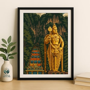 May include: Framed art print featuring a golden statue of a deity holding a spear, set against a backdrop of a colorful staircase leading to a temple and lush green mountains. The artwork is in a stylized, illustrative style.