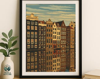 Amsterdam Canal Houses Art Print: Vintage Netherlands Travel Poster