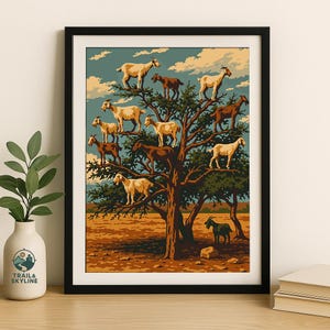 May include: A framed art print featuring a stylized illustration of goats in a tree. The goats are various shades of brown and tan, set against a backdrop of a blue sky and a brown and green landscape. The artwork is framed in a black frame.