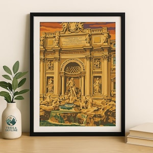 Trevi Fountain Poster – Rome Italy Wall Art, Vintage Travel Print, Italian Landmark Decor, Baroque Architecture Art Home Decor