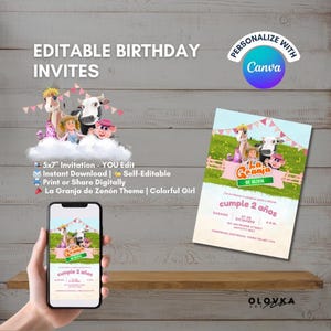 Faire-part d'anniversaire ferme Zenon pour fille – Faire-part La Granja de Zenón modifiable – Faire-part d'anniversaire à thème Ferme coloré pour enfants