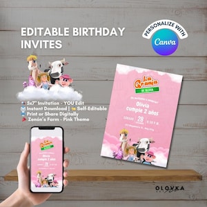 Faire-part d'anniversaire ferme Zenon pour fille - Faire-part La Granja de Zenón modifiable avec La Vaca Lola - Faire-part pour une fête à thème Ferme rose pour enfants