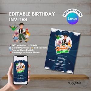 Faire-part d'anniversaire ferme Zenon pour garçon – Faire-part La Granja de Zenón modifiable – Faire-part pour une fête à thème Ferme pour enfants