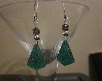 Emerald Green Glass Earrings -  Early 1900's Vintage Czech Glass and Sterling Silver
