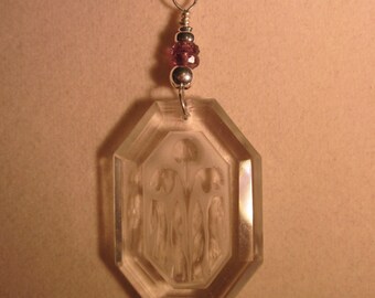 Vintage Clear Czech Glass Lily of The Valley Pendant Necklace with Faceted Purple Beads