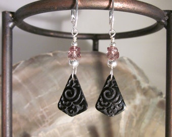 Jet Black Glass Earrings -  Early 1900's Vintage Czech Glass and Sterling Silver