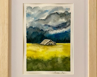 Original Framed Hand Painted 5x7 Watercolor Landscape Painting