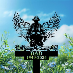 Personalized  Fireman with Wings Memorial Sign, Firefighter Grave Marker, Fireman Memorial Yard Sign, Fireman Remembrance Stake.