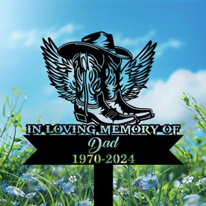 Personalized Cowboy Hat and Boots with Angel Wings Grave Marker – Custom Farmer Memorial Garden Stake, Outdoor Rustic Tribute for Dad.