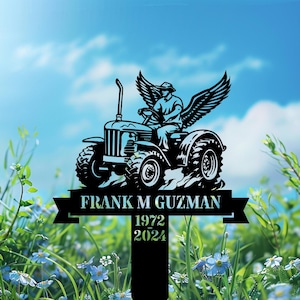 Custom Angel Farmer on Tractor Grave Marker – Personalized Farmer Memorial Stake for Dad, Farm Garden Decoration, Dad Memories Stake.