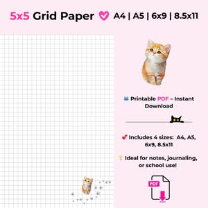 Cat Grid Paper Bundle – Printable Graph Notebook PDF (A4, A5, 6x9, 8.5x11) | Cute Kitty Stationery | Digital Math & Planner Paper